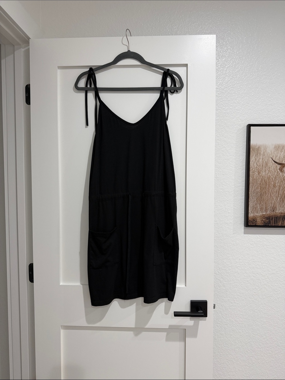 Amazon Black Tie-Shoulder Mini Dress with Front Pockets